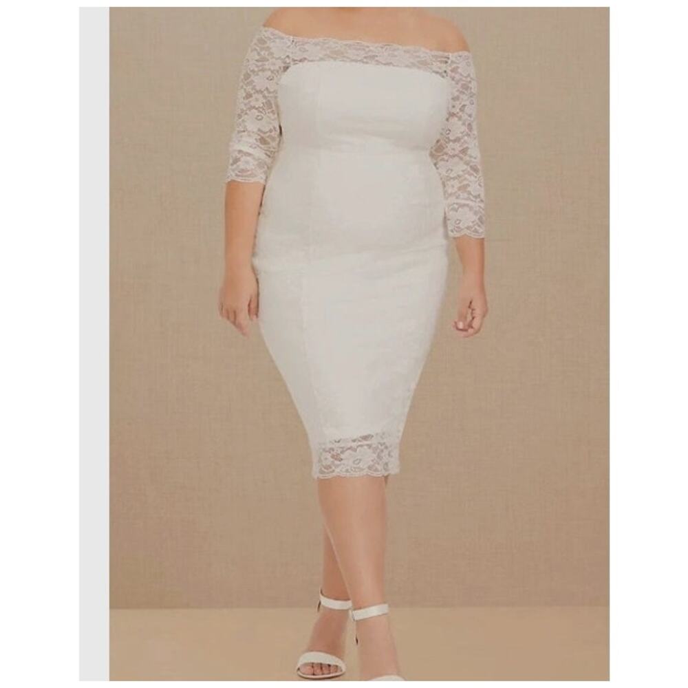 Torrid  Ivory Lace Off Shoulder Bodycon Midi Dress 16 16W Bridal Bundle Veil Bag
